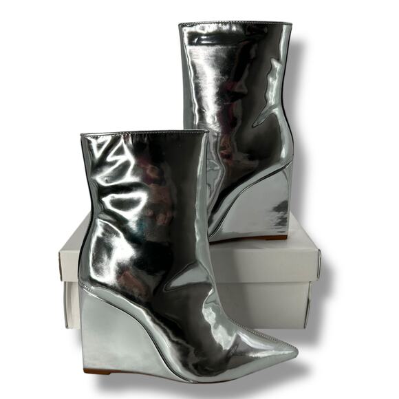 NEW Schutz Asya Silver Mirror Booties Size 6 Wedge Heels Pointed Toe Patent NWT - Picture 1 of 16